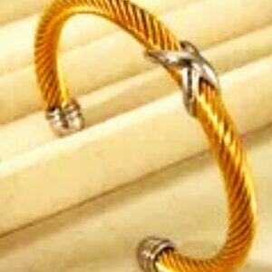 18K GOLD DIP TWISTED ROPE CUFF CRIS CROS STEEL DETAIL STAINLESS ENDS MALLEABLE